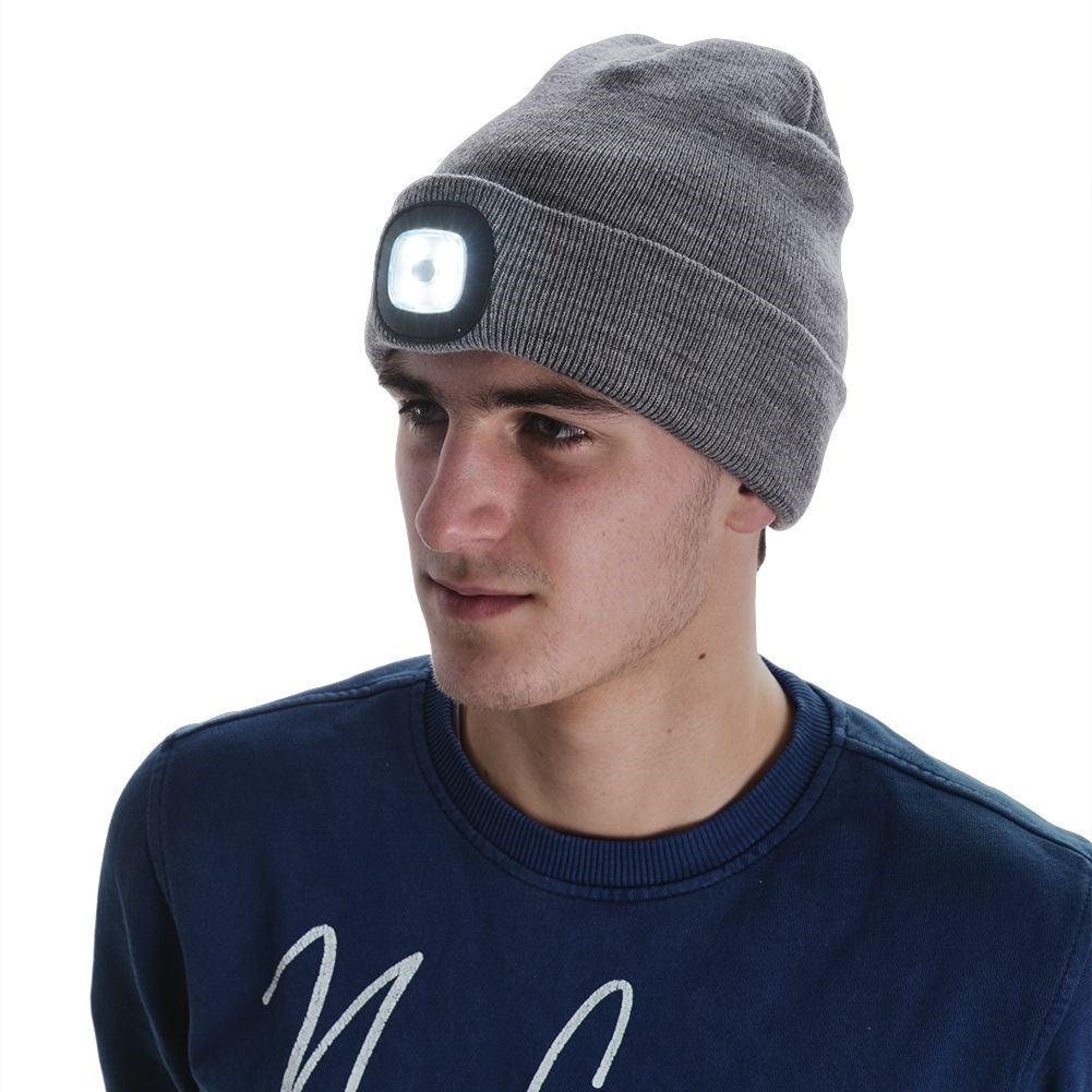 Gray knitted winter hat with LED light