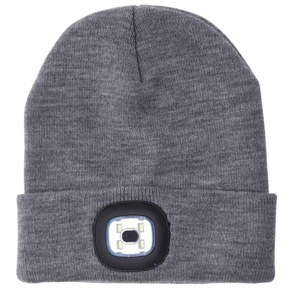 Gray knitted winter hat with LED light