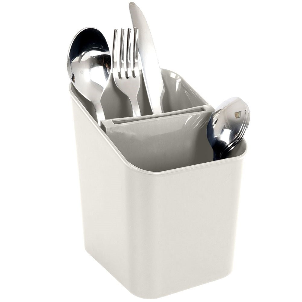 Gray plastic container with two compartments for cutlery storage