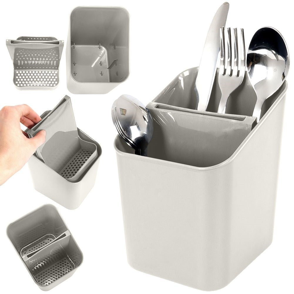 Gray plastic container with two compartments for cutlery storage