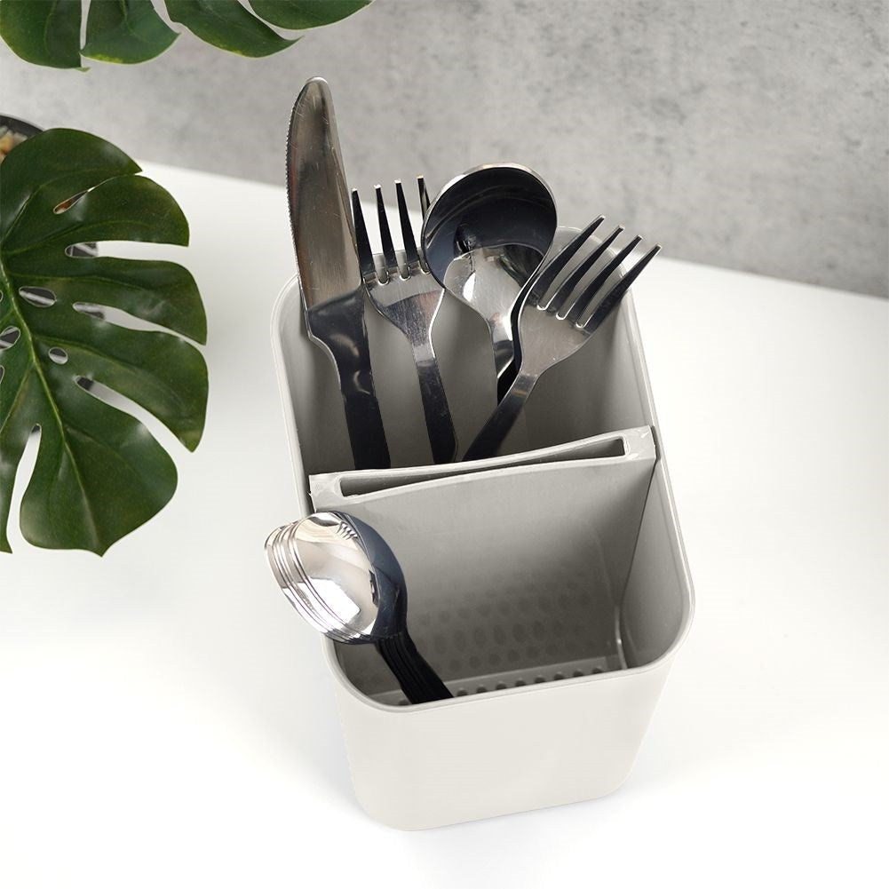 Gray plastic container with two compartments for cutlery storage