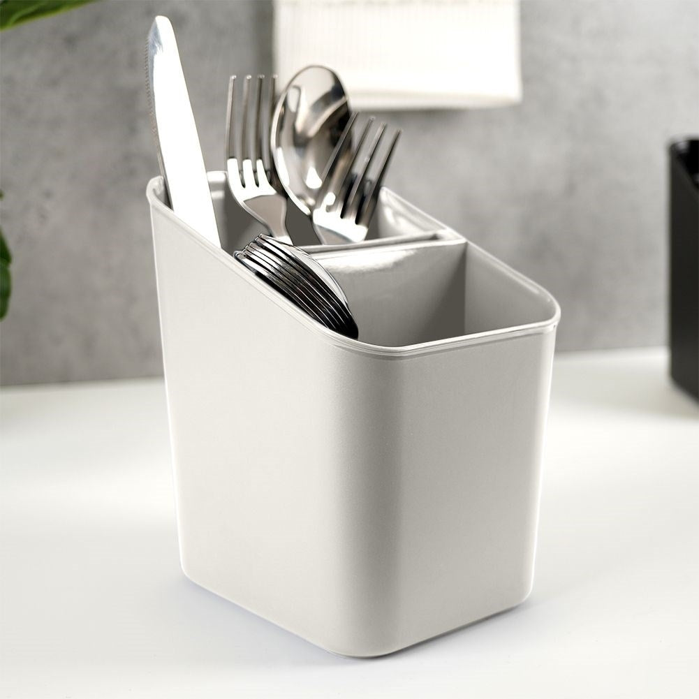 Gray plastic container with two compartments for cutlery storage