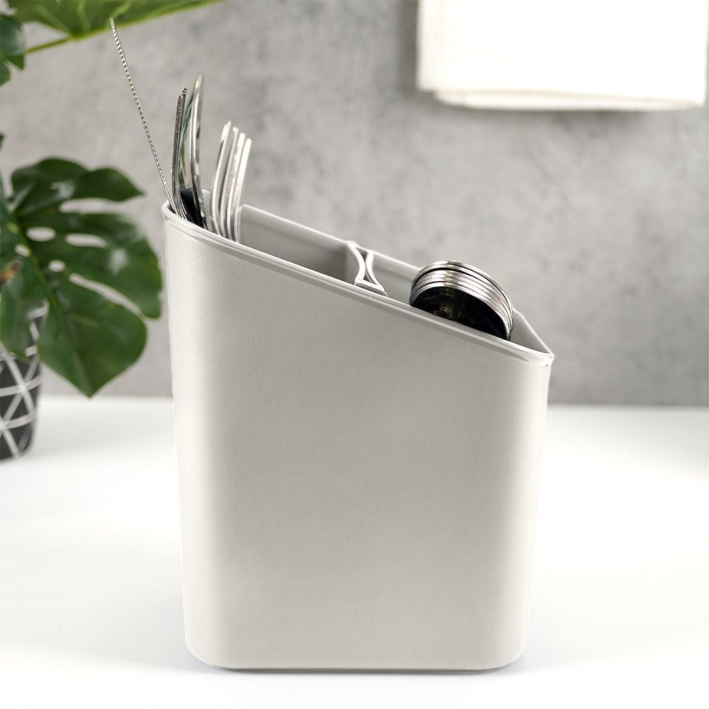 Gray plastic container with two compartments for cutlery storage