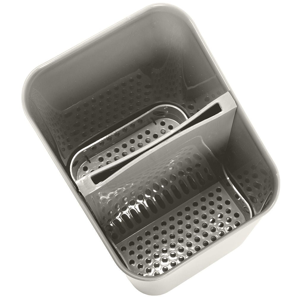 Gray plastic container with two compartments for cutlery storage