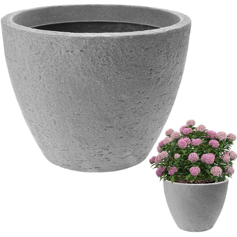 Gray plastic pot with stone look, weatherproof for outdoor use.