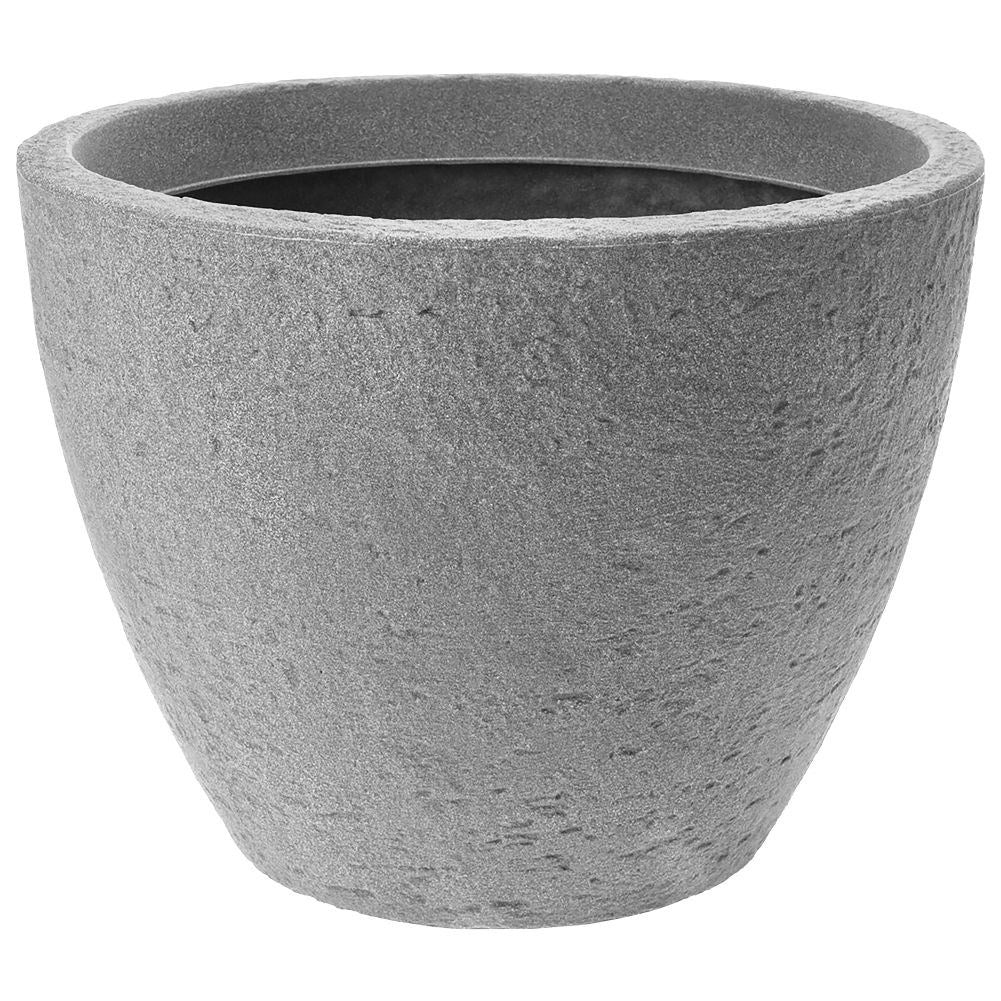 Gray plastic pot with stone look, weatherproof for outdoor use.