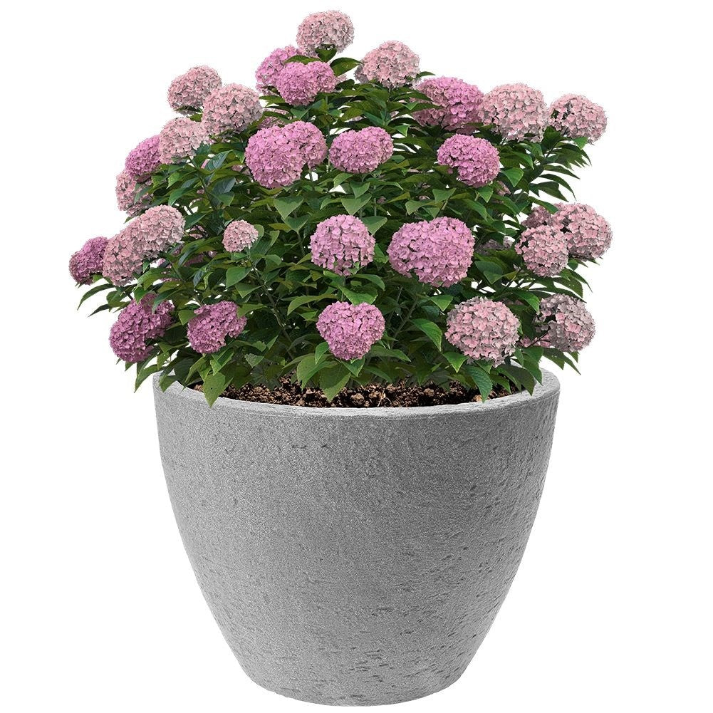 Gray plastic pot with stone look, weatherproof for outdoor use.