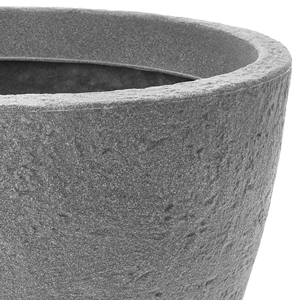 Gray plastic pot with stone look, weatherproof for outdoor use.