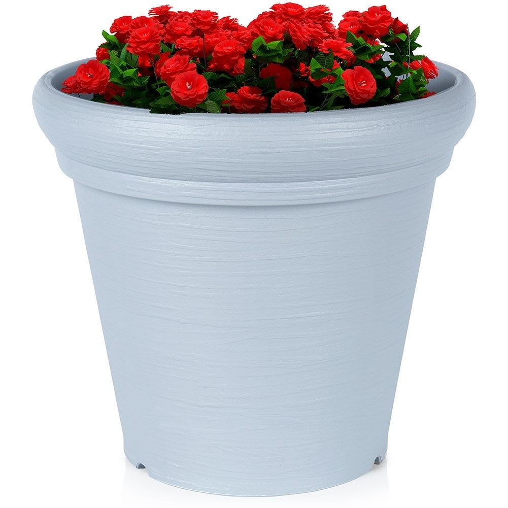 Gray plastic pot with stylish patterns, weatherproof for garden