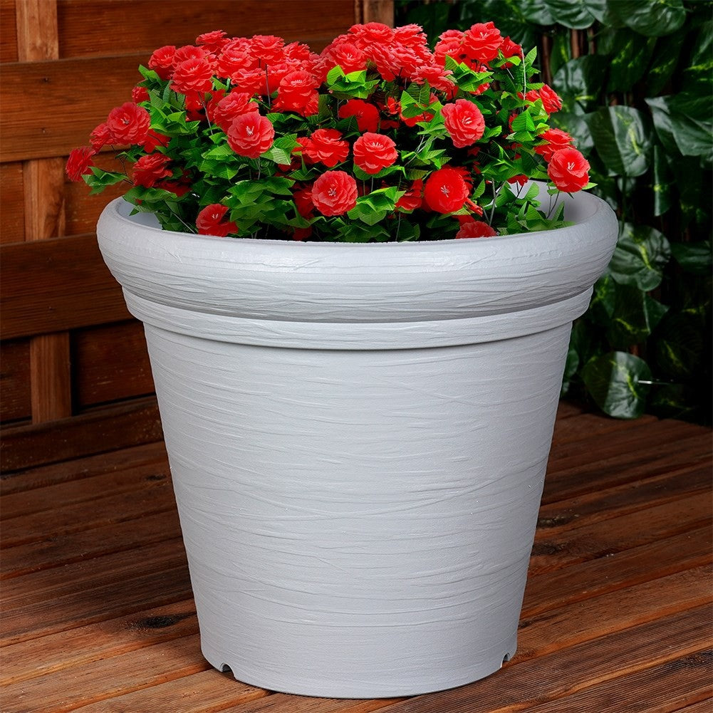 Gray plastic pot with stylish patterns, weatherproof for garden