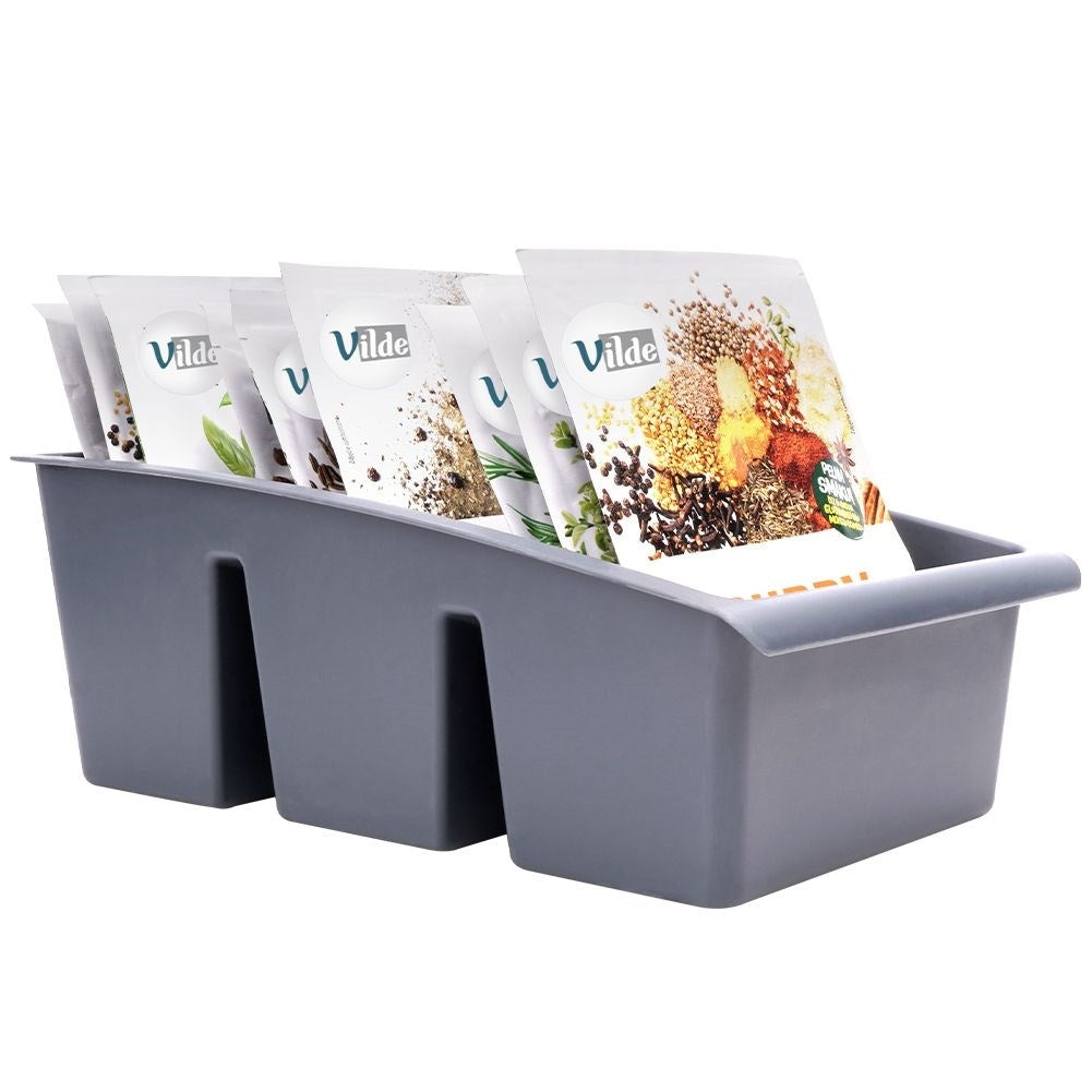 Gray storage box for plastic spice bags