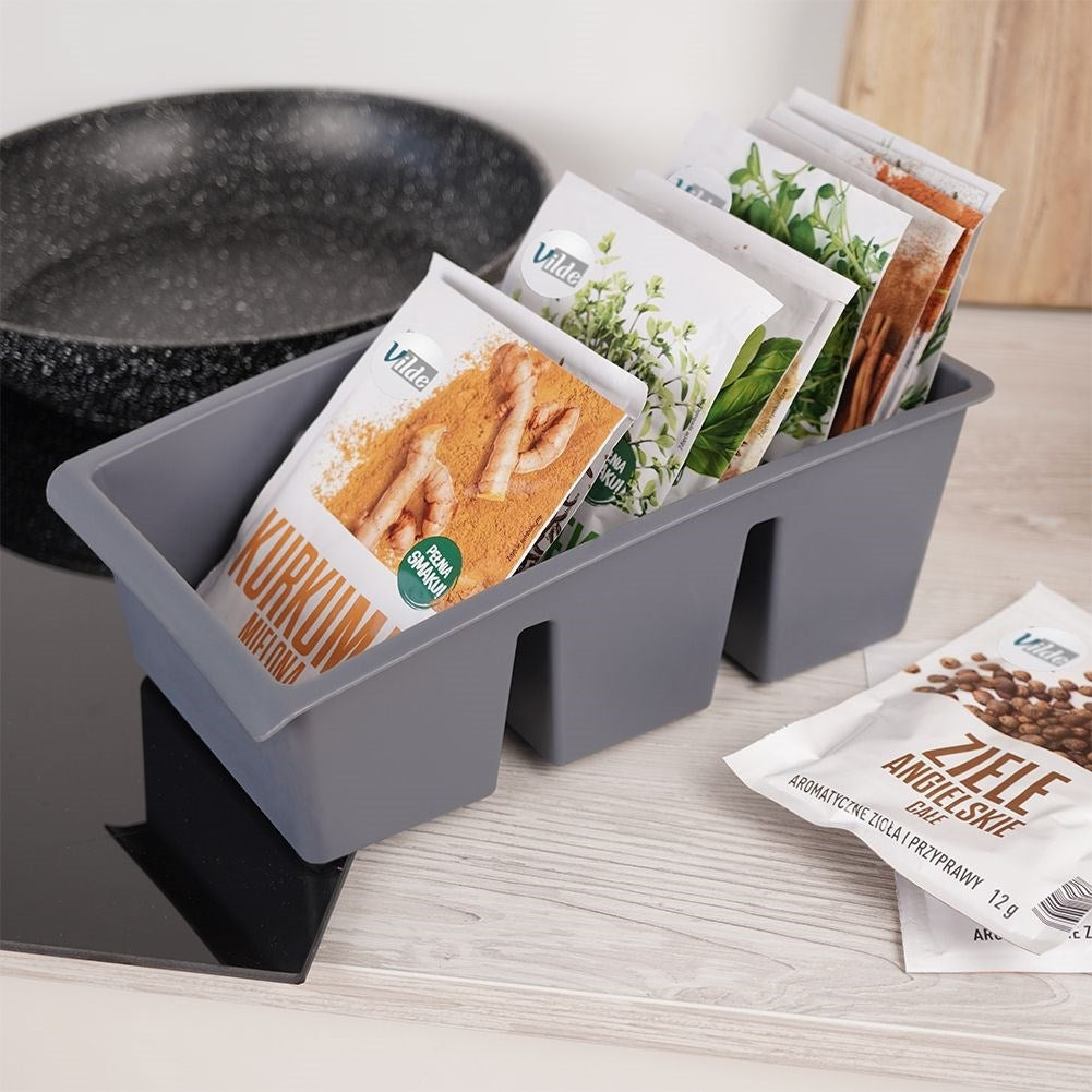 Gray storage box for plastic spice bags