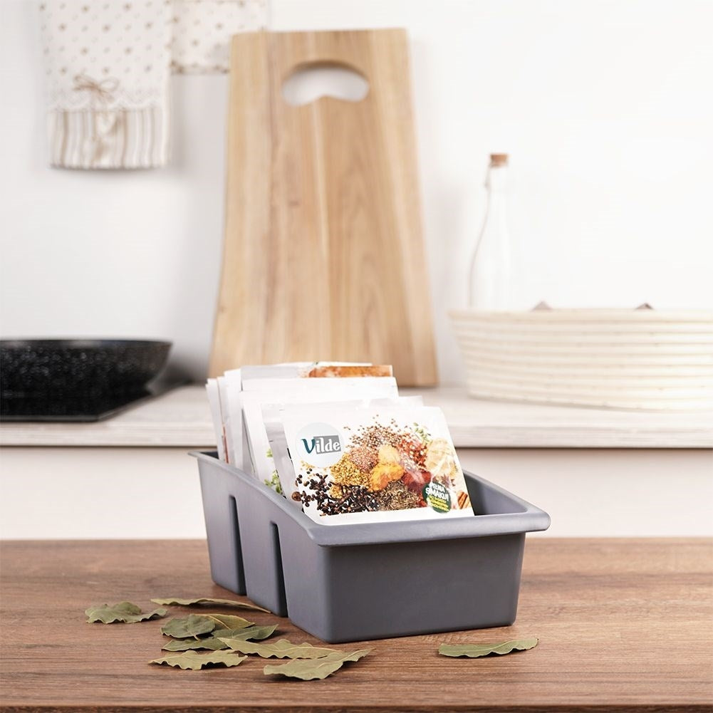Gray storage box for plastic spice bags
