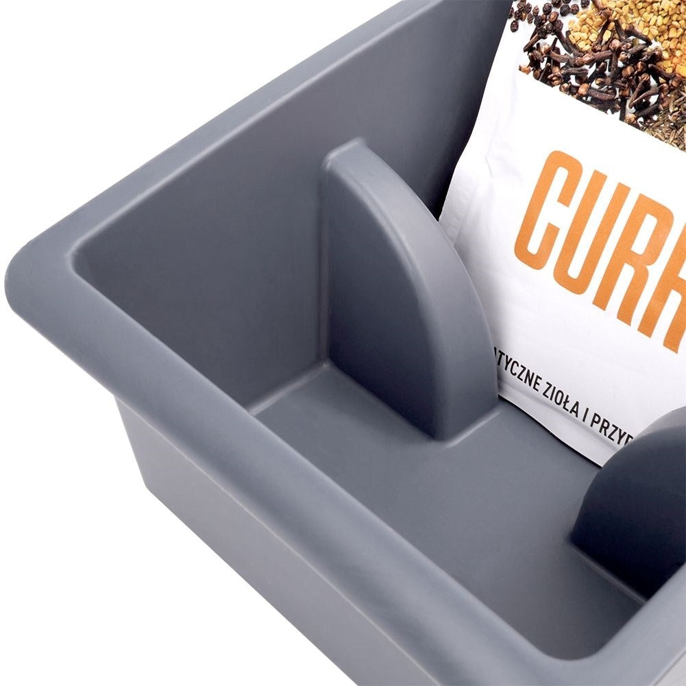 Gray storage box for plastic spice bags