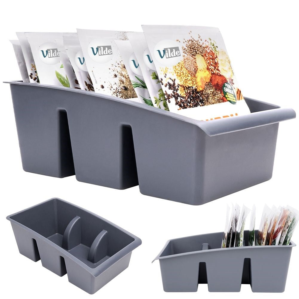 Gray storage box for plastic spice bags