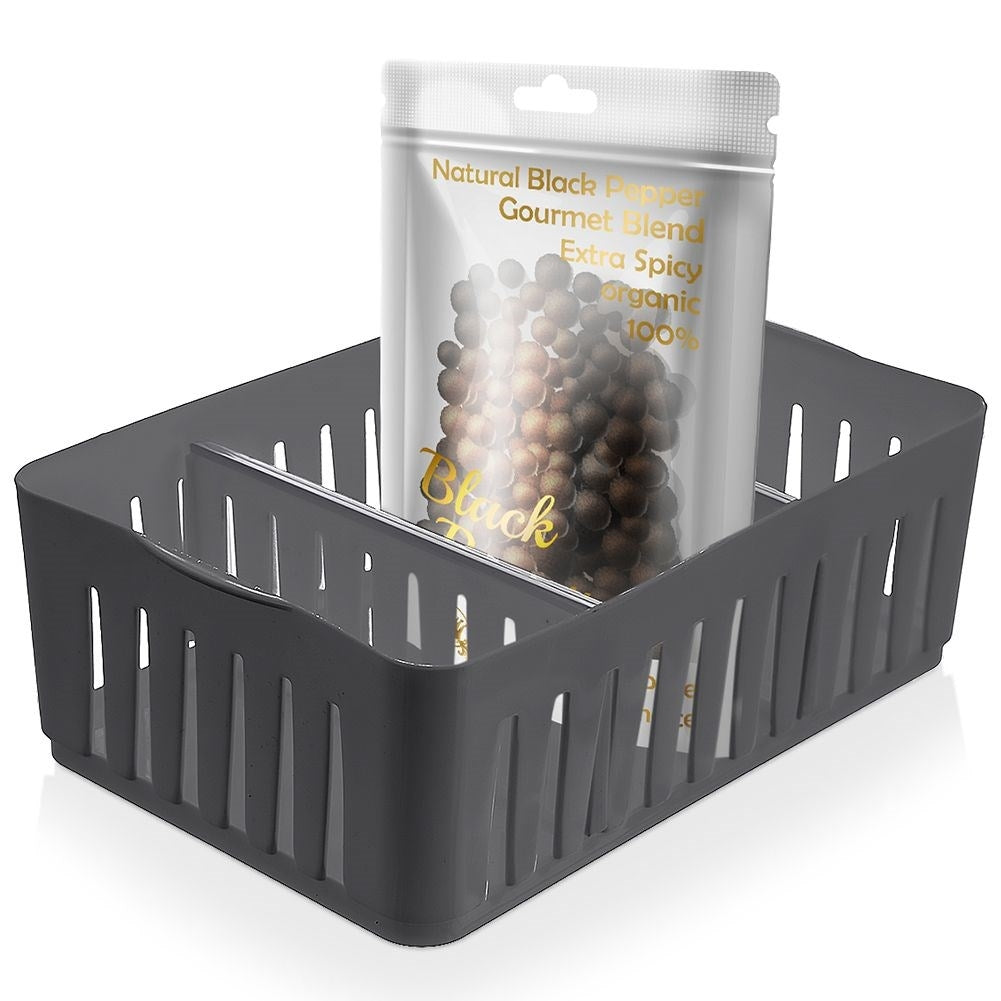 Gray storage container for spice bags with removable compartments
