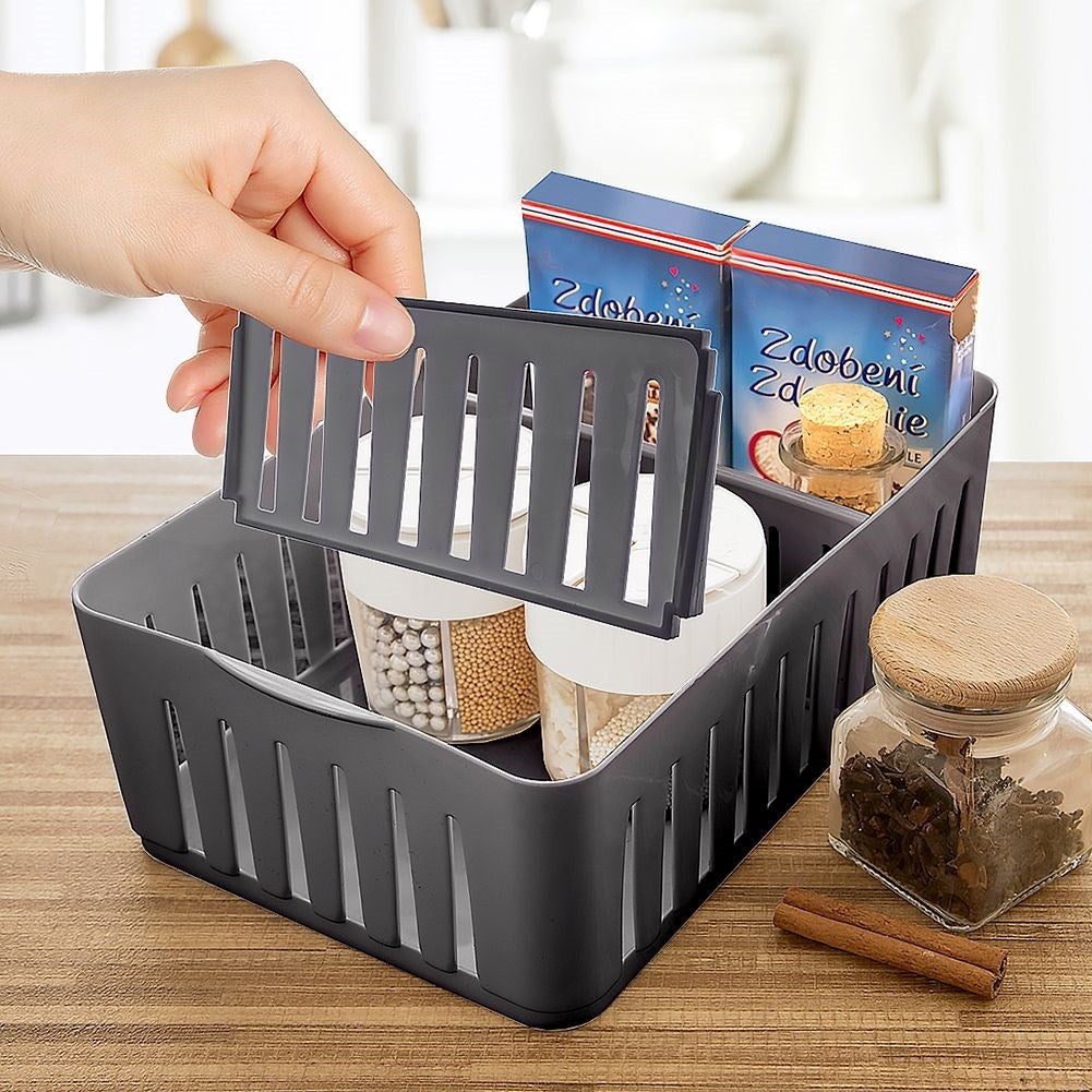 Gray storage container for spice bags with removable compartments