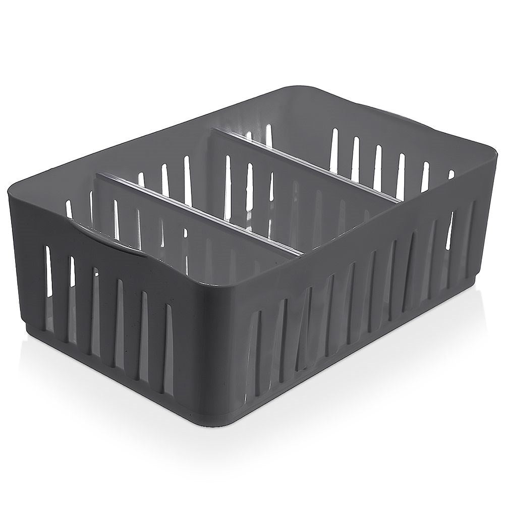 Gray storage container for spice bags with removable compartments