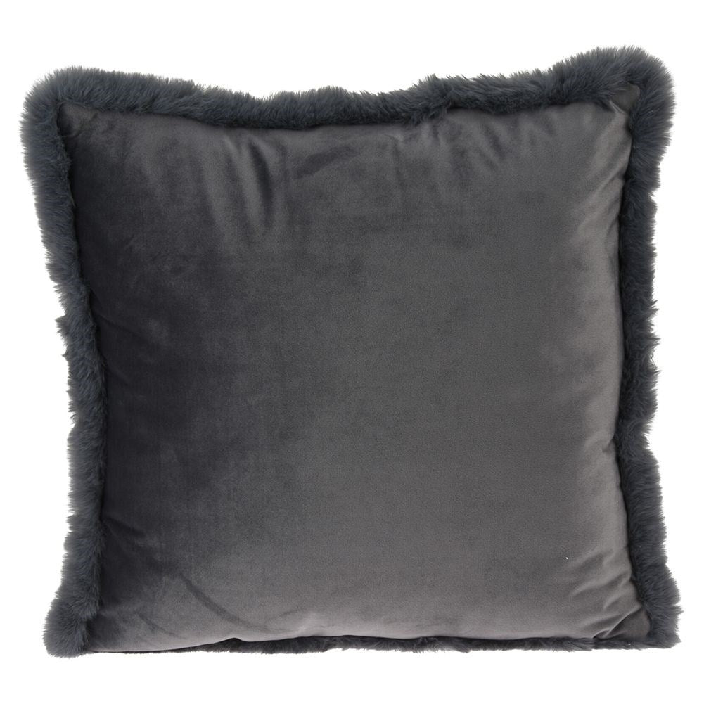 Gray velvet cushion with fur, soft and decorative.