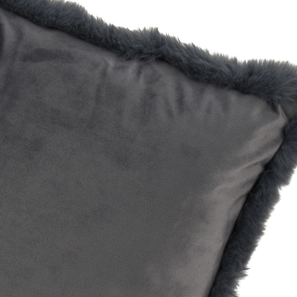 Gray velvet cushion with fur, soft and decorative.