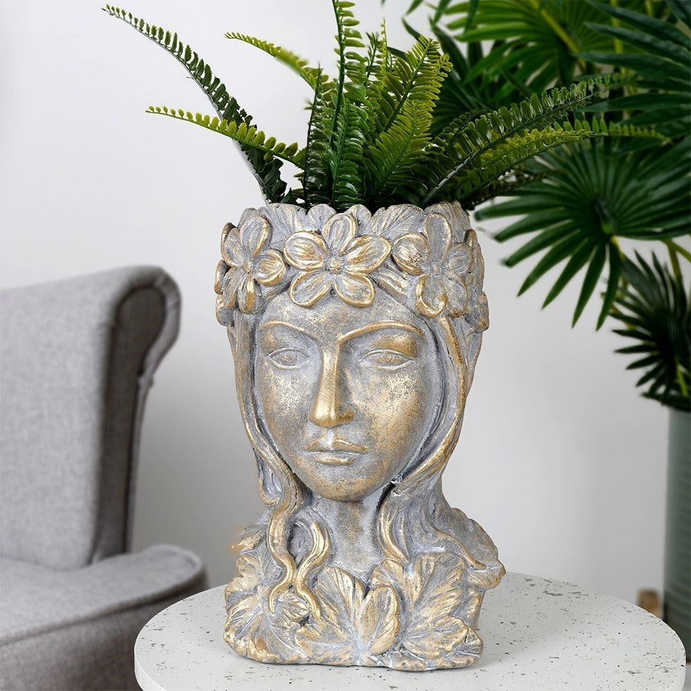 Greek Head Flower Pot in Gold Cement