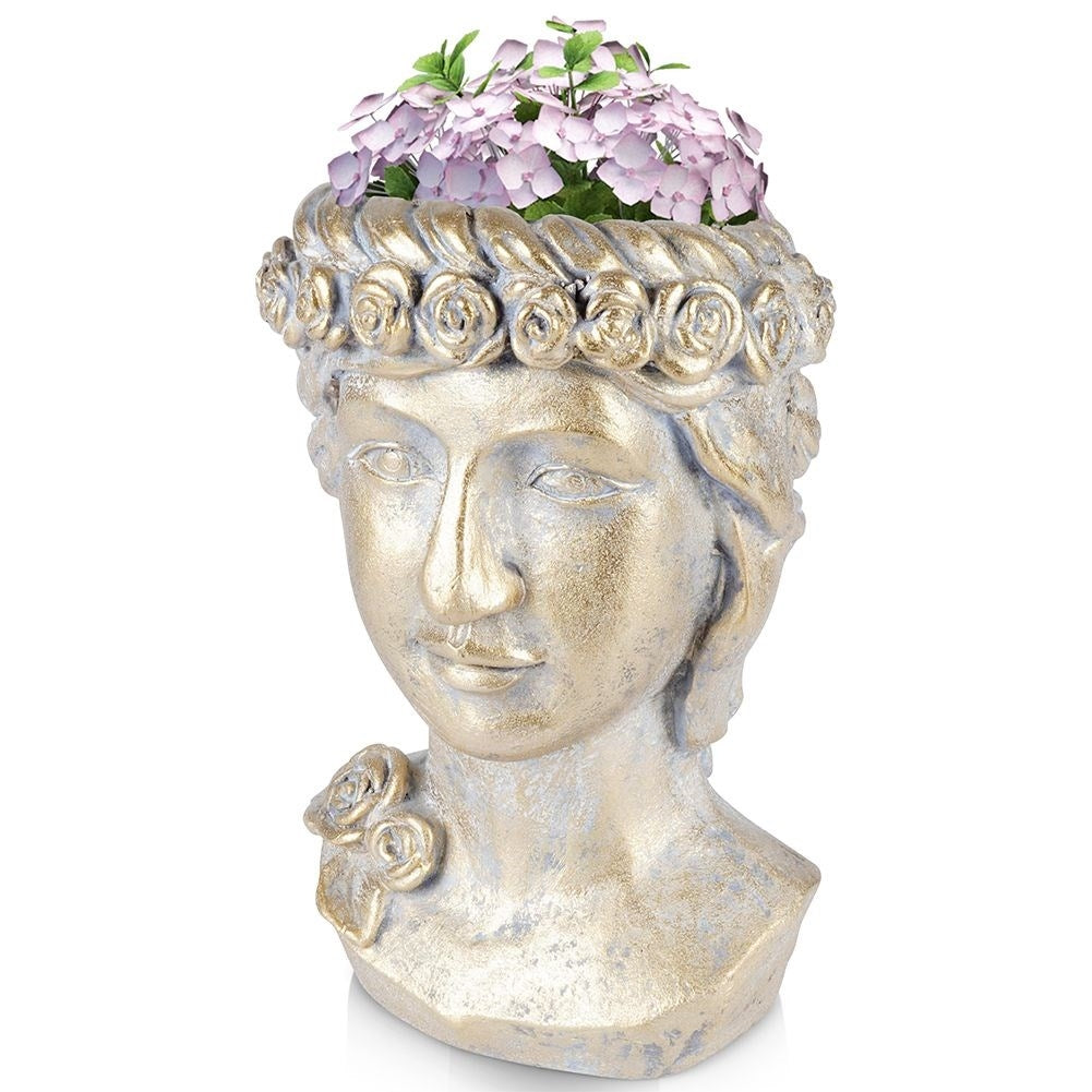 Greek Head Flower Pot in Gold Cement for Unique Decor