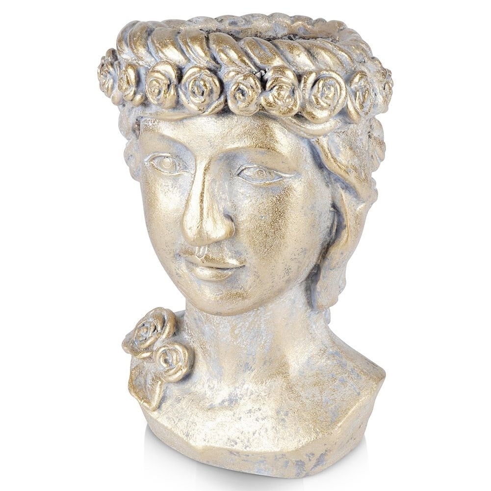 Greek Head Flower Pot in Gold Cement for Unique Decor