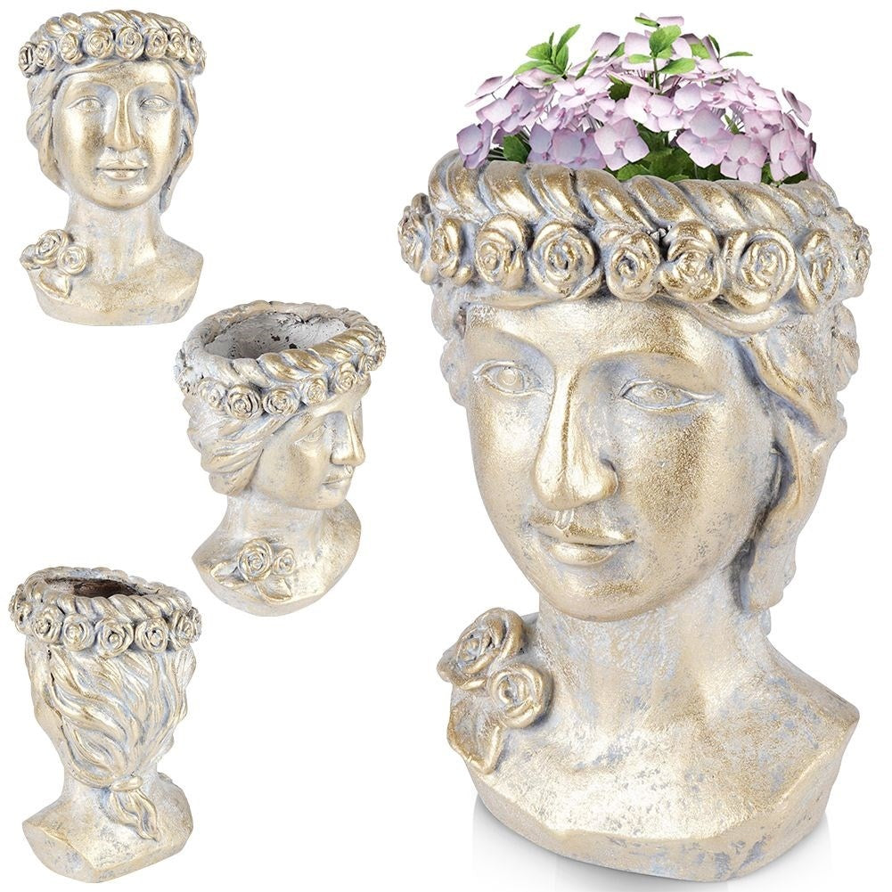 Greek Head Flower Pot in Gold Cement for Unique Decor