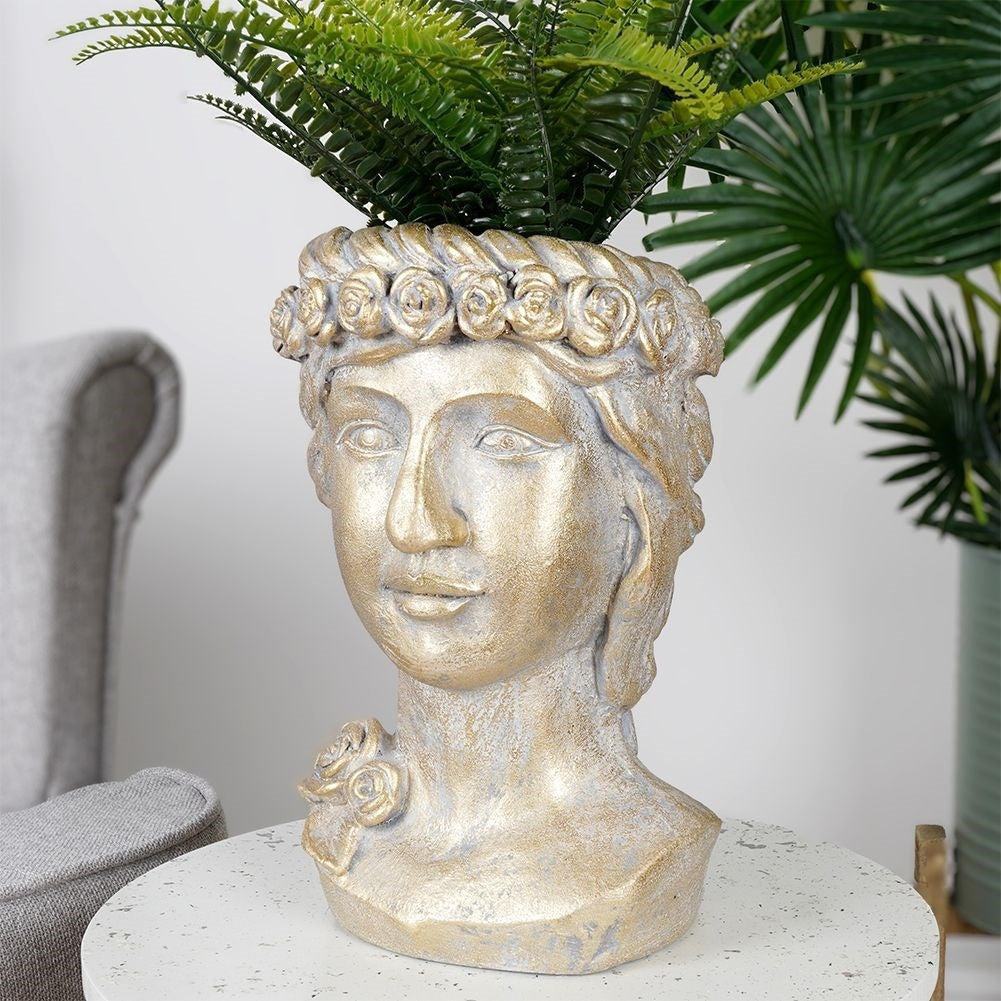 Greek Head Flower Pot in Gold Cement for Unique Decor