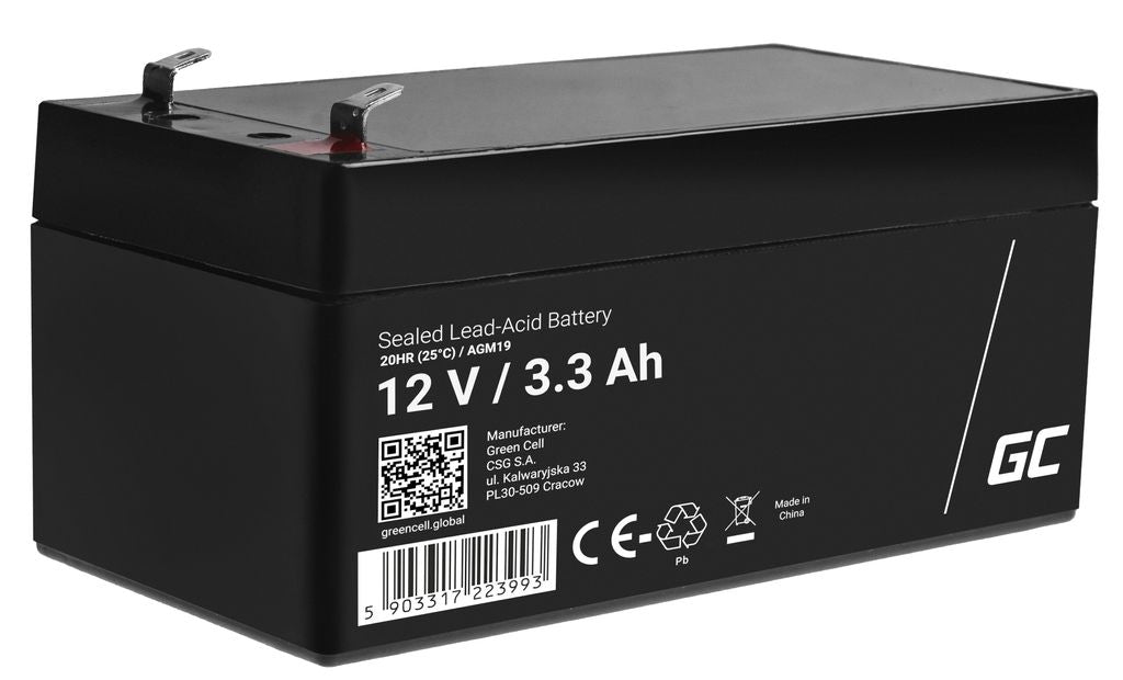 Green Cell 12V 3.3Ah VRLA Battery for Alarms, Cash Registers, and Toys