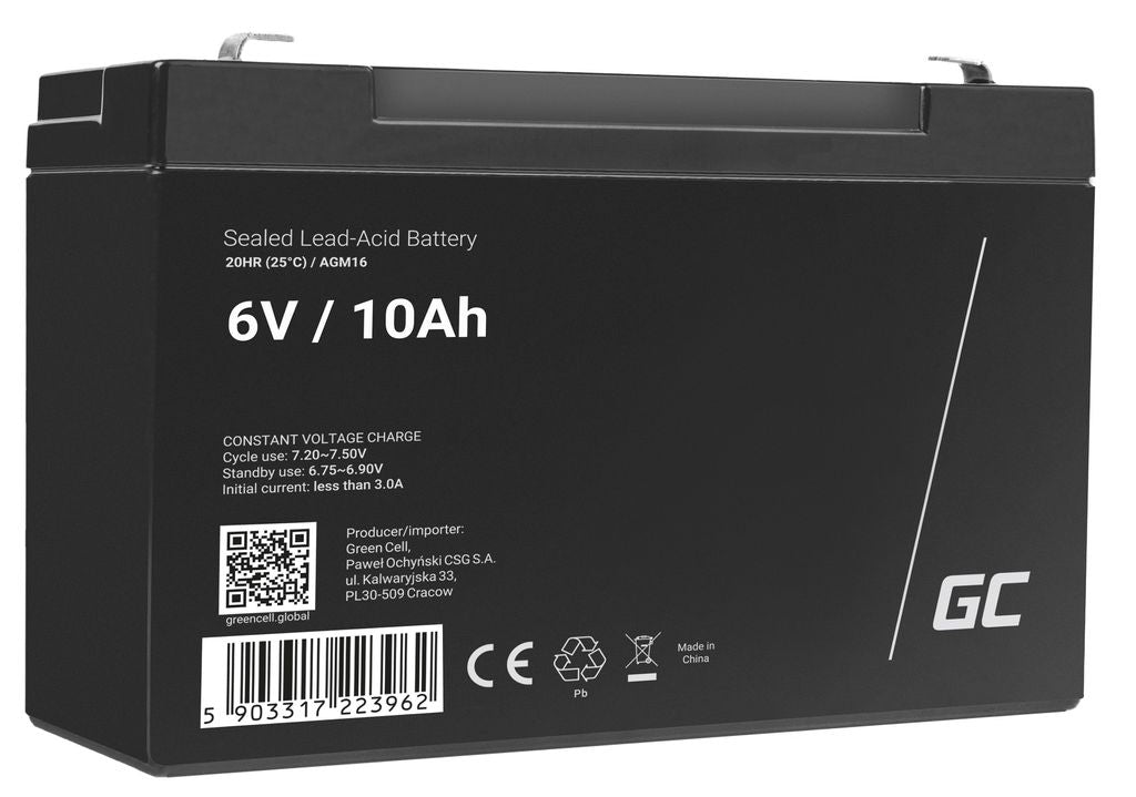 Green Cell 6V 10Ah Vrla-batteri för larm, kassaregister och leksaker