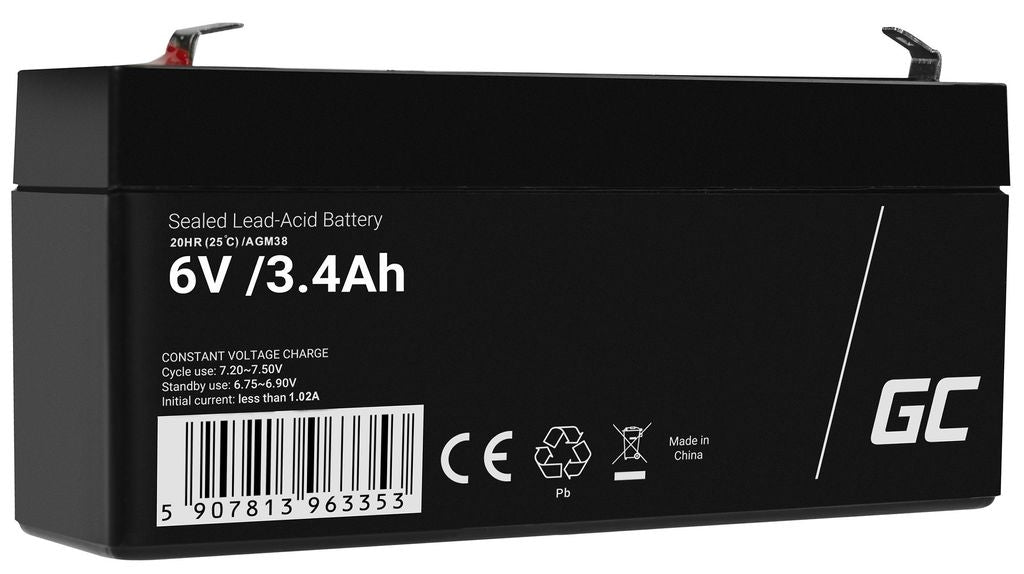 Green Cell 6V 3.4Ah Vrla-batteri för larm, kassaregister, leksaker