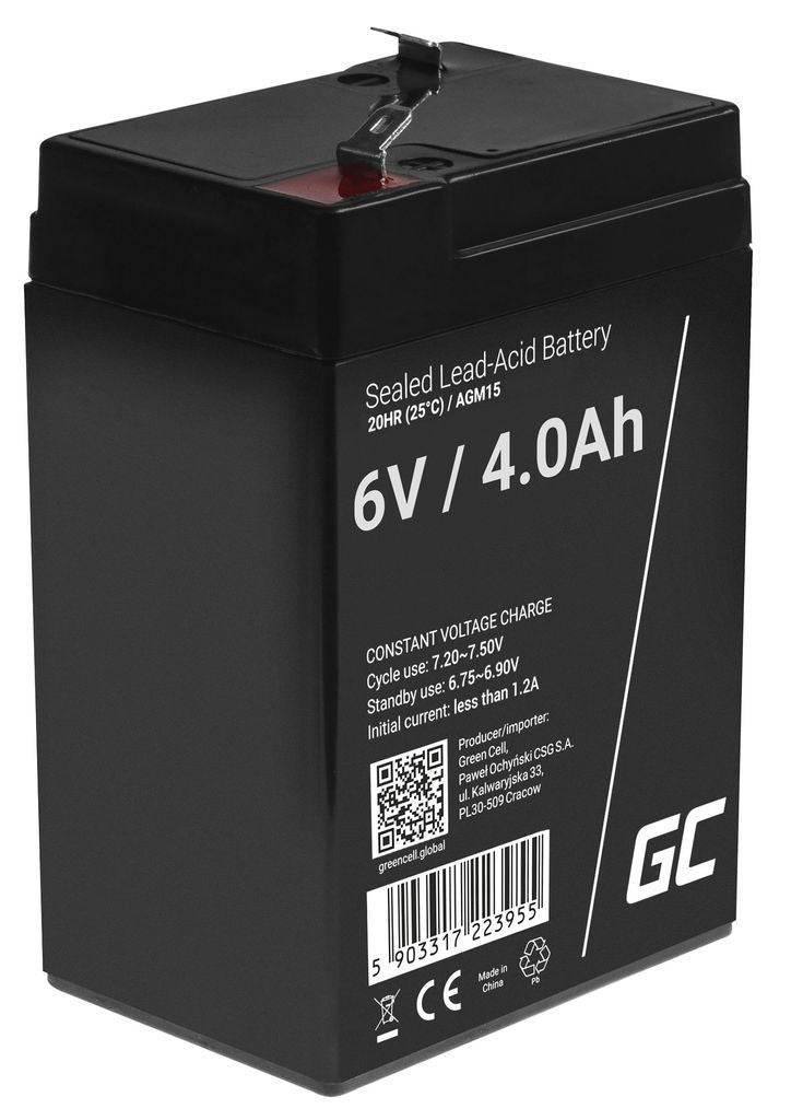 Green Cell 6V 4Ah Vrla-batteri för larm, kassaregister och leksaker