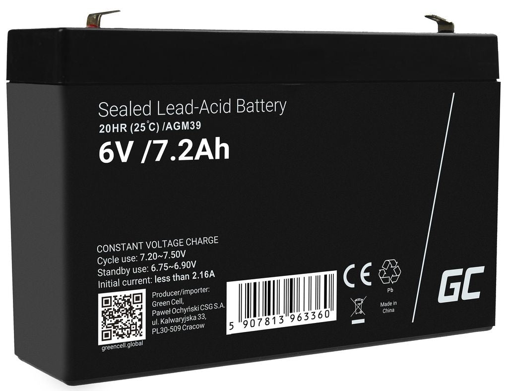 Green Cell 6V 7.2Ah Agm Vrla-batteri för larm, kassaregister och leksaker