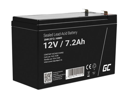 Green Cell AGM VRLA 12V 7.2Ah maintenance-free battery for alarm systems, cash registers, toys