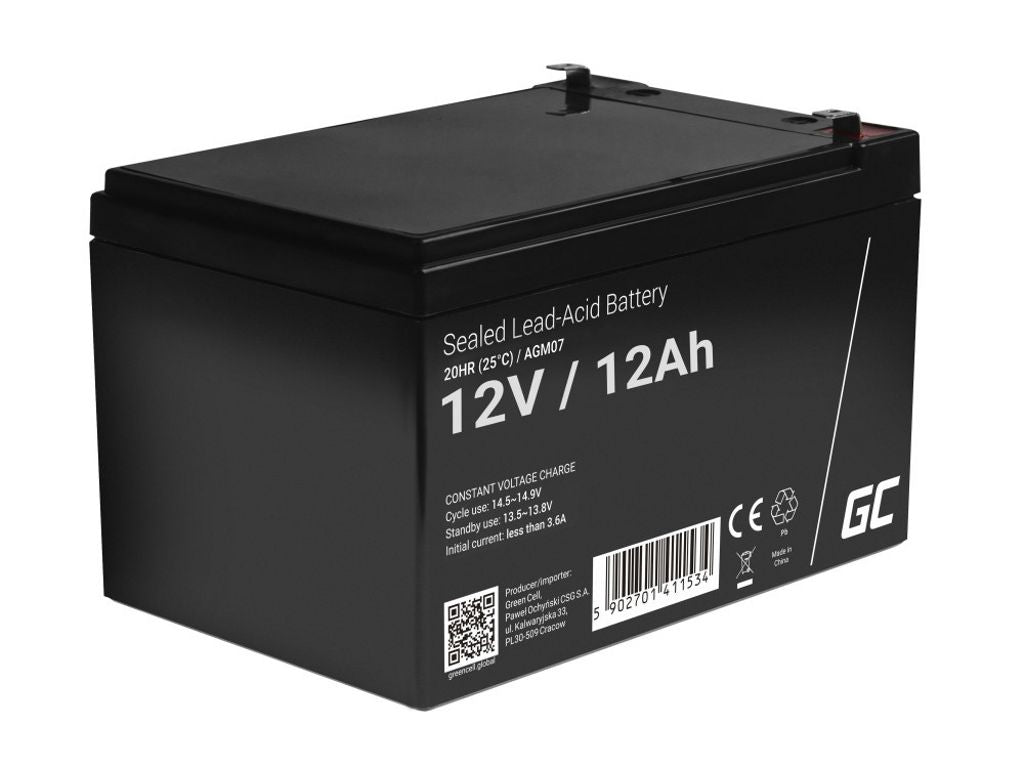 Green Cell Agm Vrla 12V 12Ah underhållsfritt batteri för larmsystem, kassaregister, leksaker