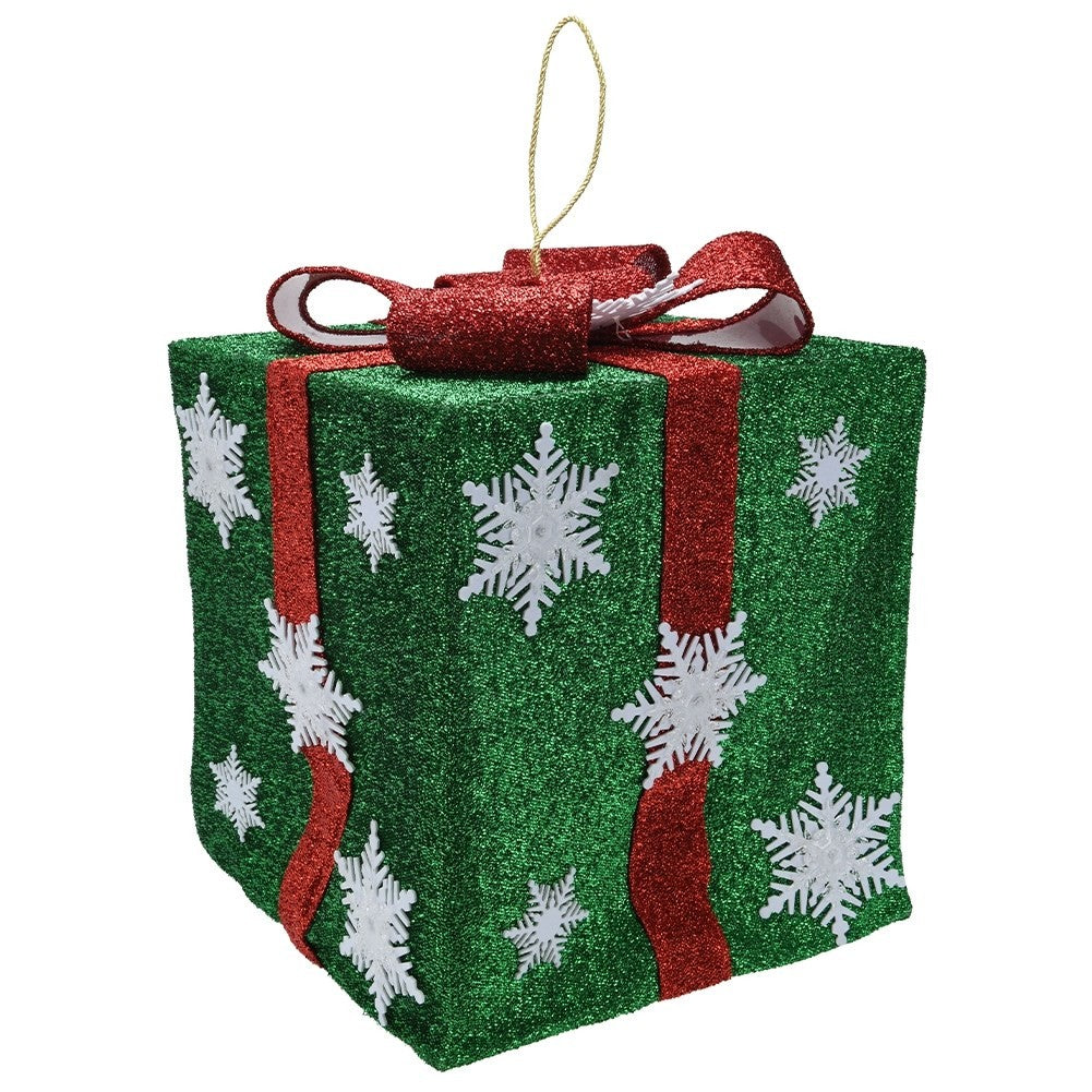 Green Christmas gift with red bow, white snowflakes and LED lights