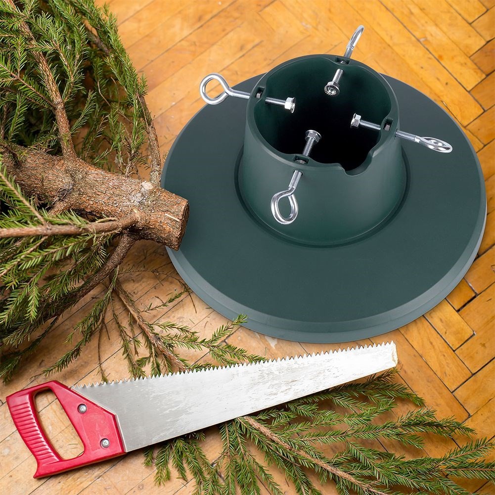 Green Christmas tree base with water container and adjustable screws