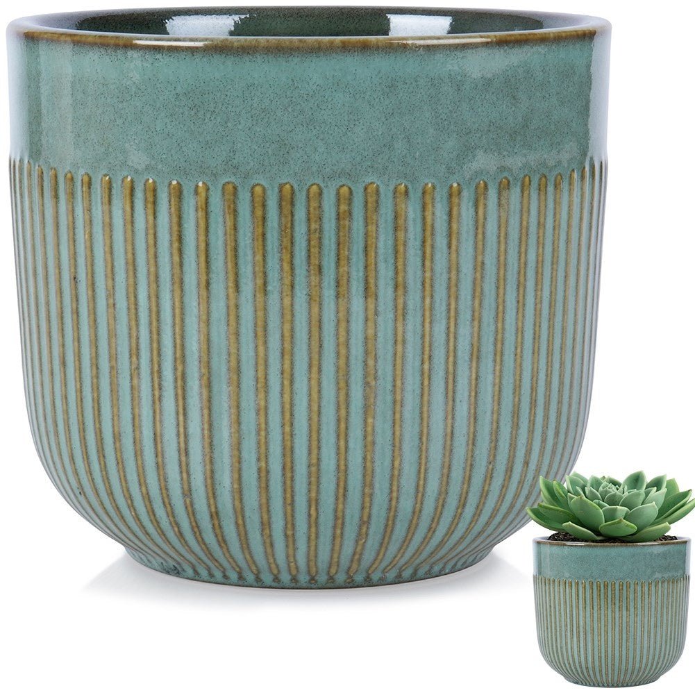 Green Glazed Porcelain Flowerpot with Fluted Surface
