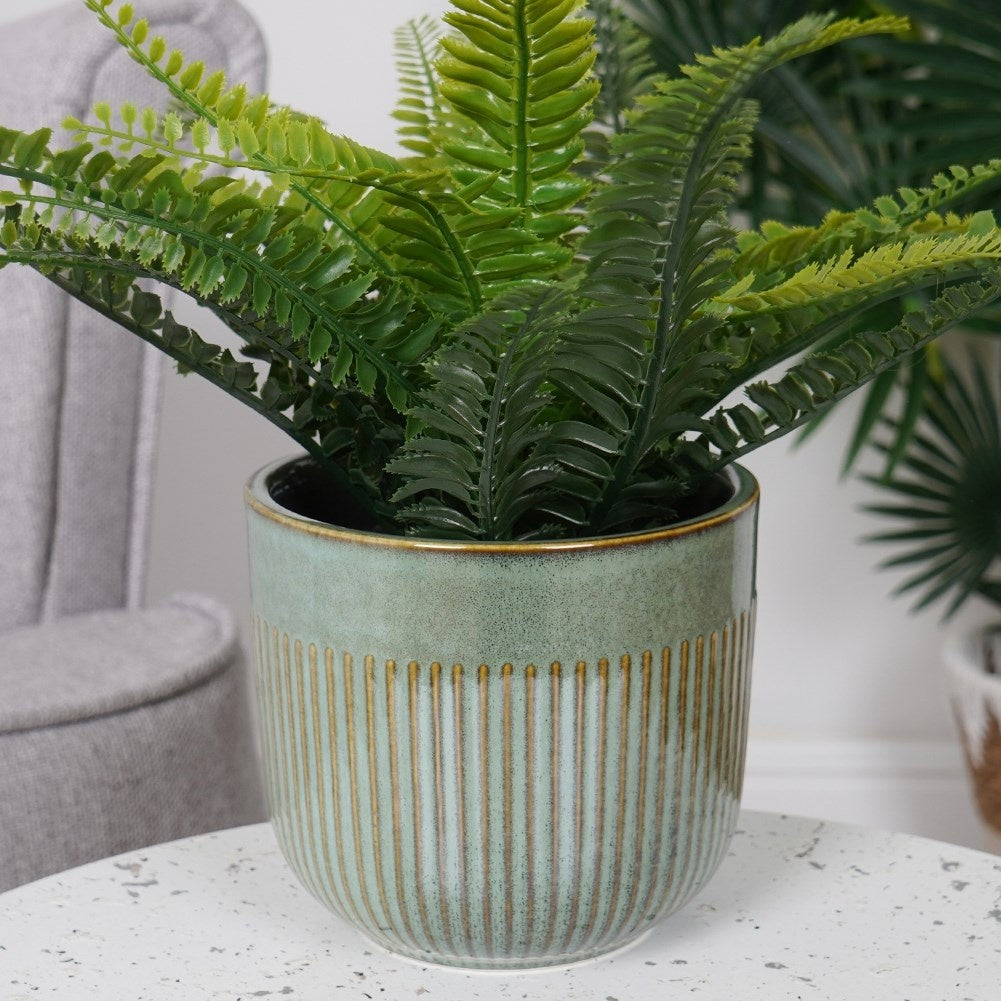 Green Glazed Porcelain Flowerpot with Fluted Surface
