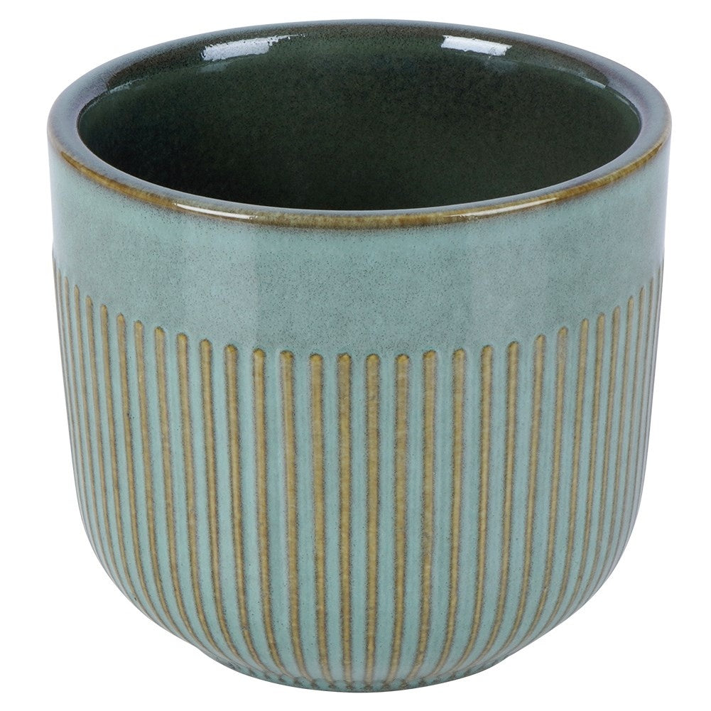 Green Glazed Porcelain Flowerpot with Fluted Surface