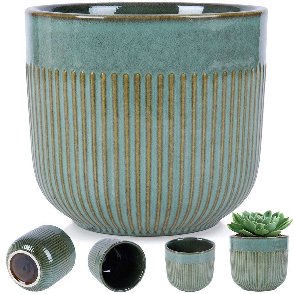 Green Glazed Porcelain Flowerpot with Fluted Surface