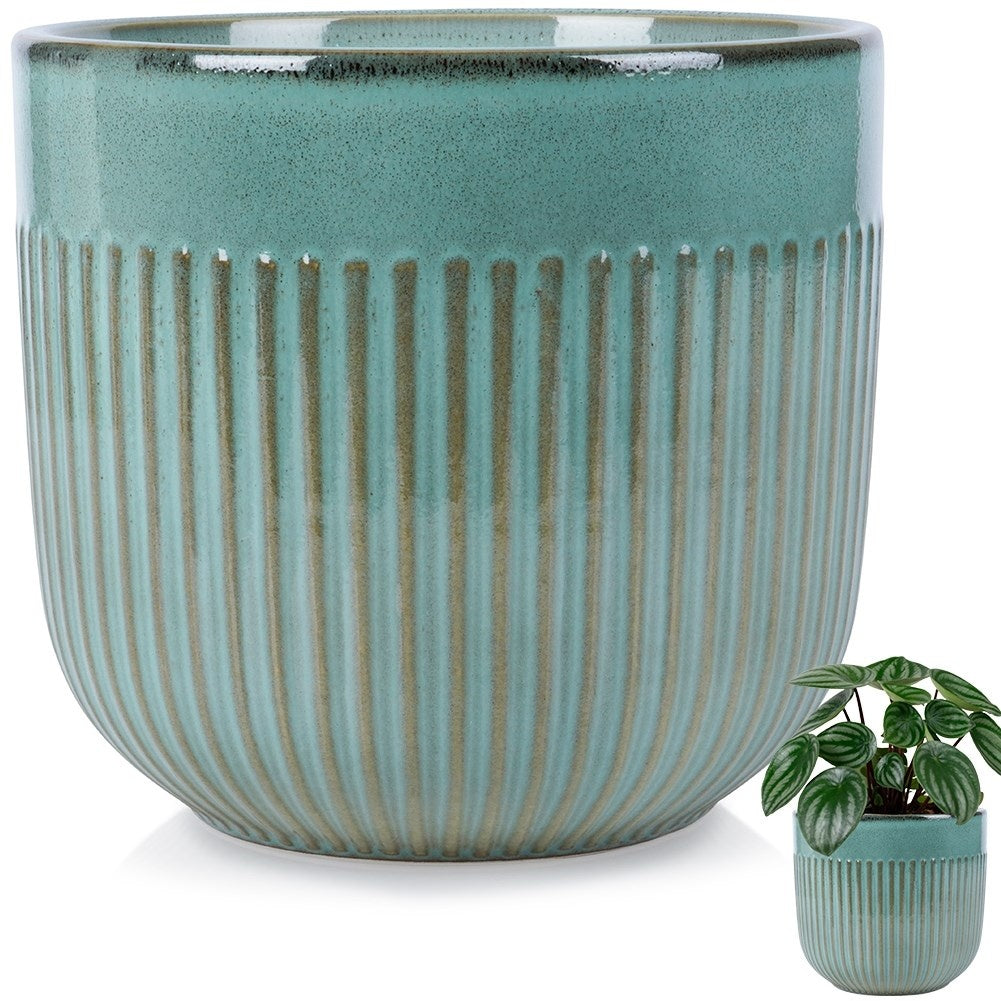 Green Glazed Pot with Grooves in Porcelain for Plants