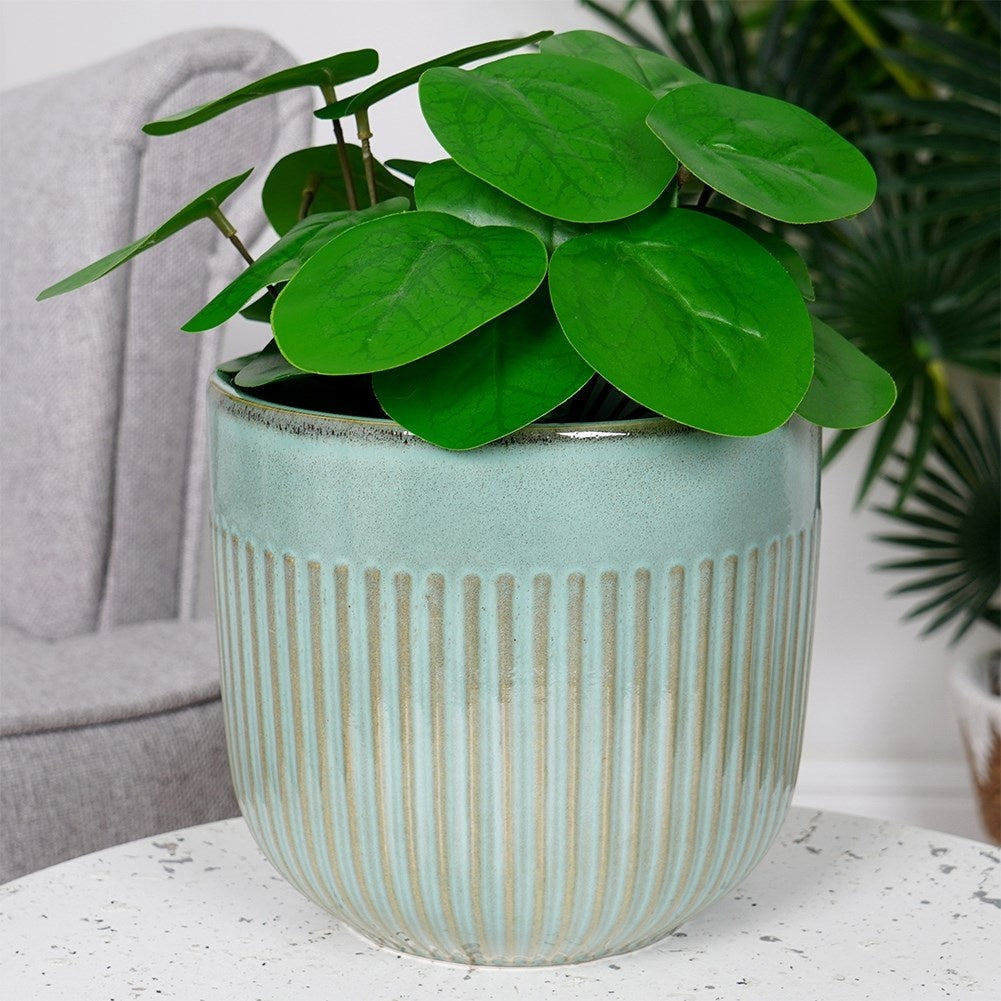Green Glazed Pot with Grooves in Porcelain for Plants