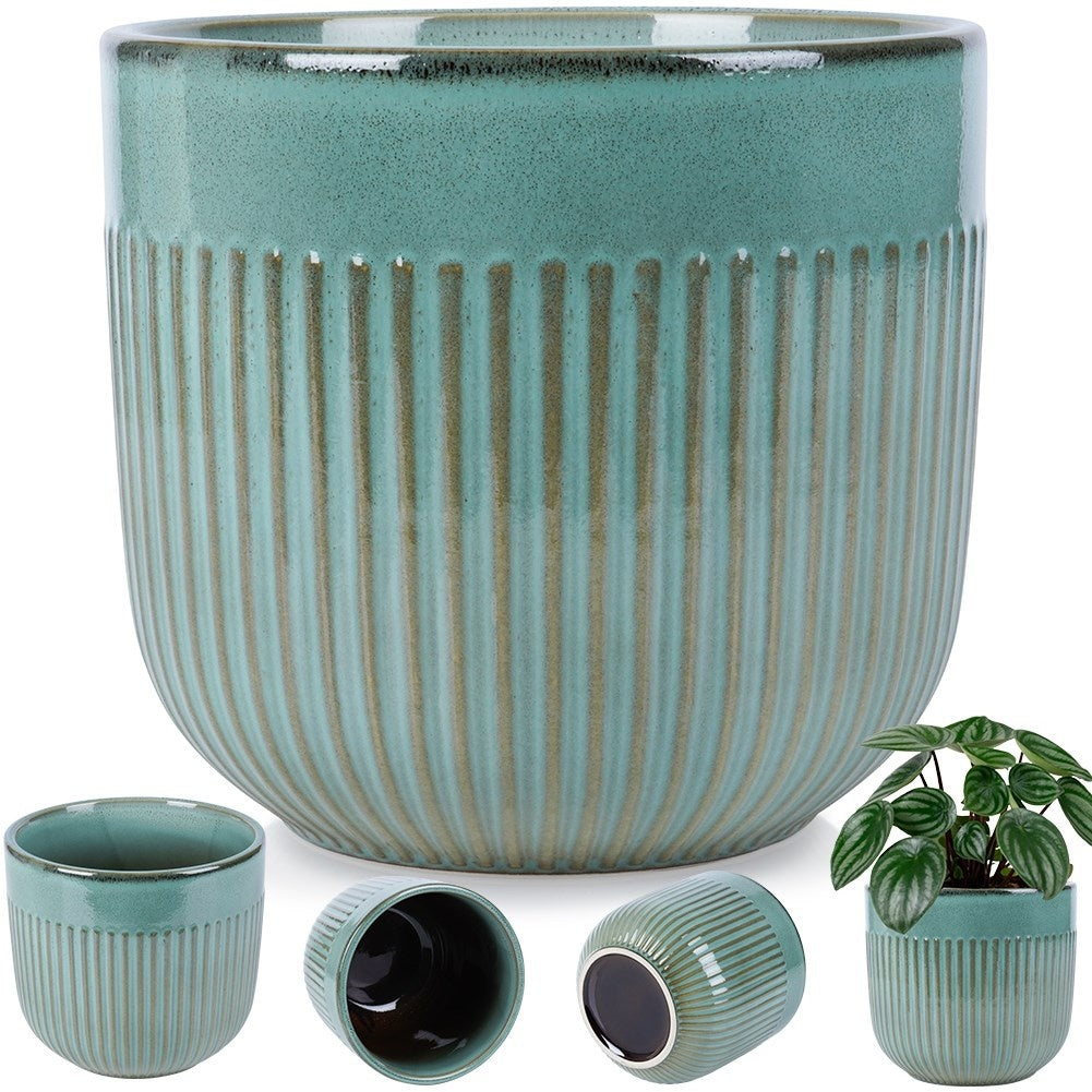 Green Glazed Pot with Grooves in Porcelain for Plants