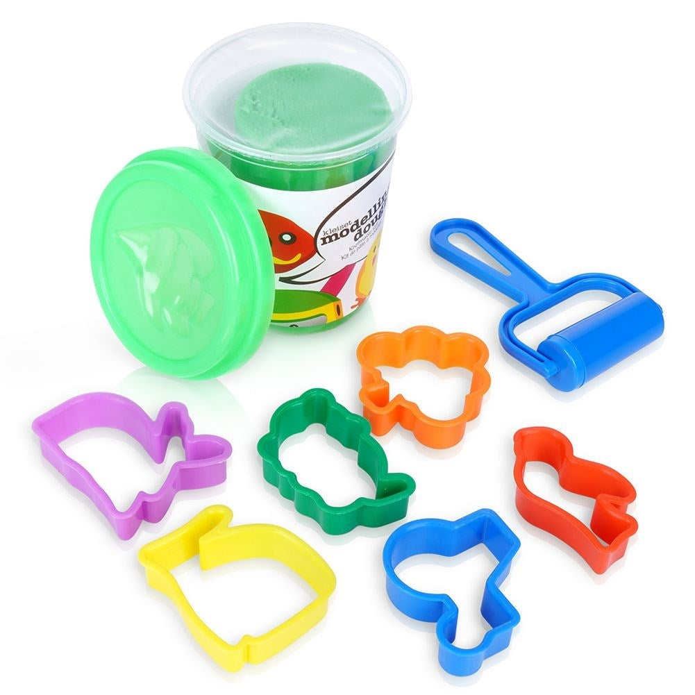 Green Play Clay with Lid, Rolling Pin and Colorful Shapes