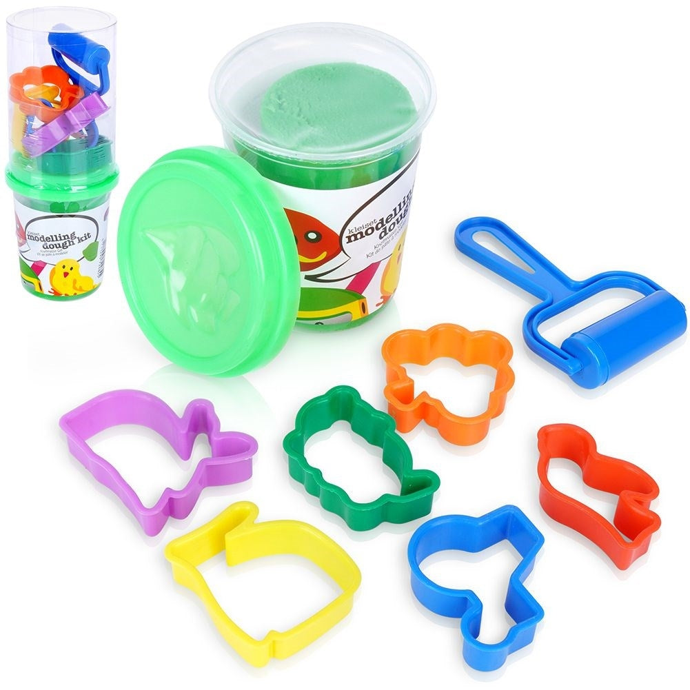 Green Play Clay with Lid, Rolling Pin and Colorful Shapes