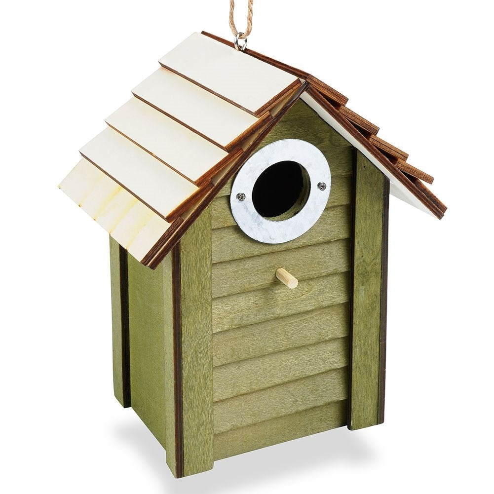 Green Wooden Birdhouse with Metal Reinforced Entrance