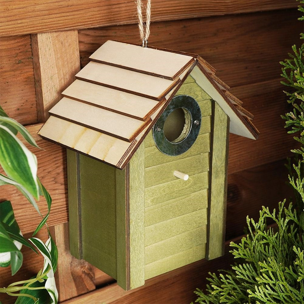 Green Wooden Birdhouse with Metal Reinforced Entrance