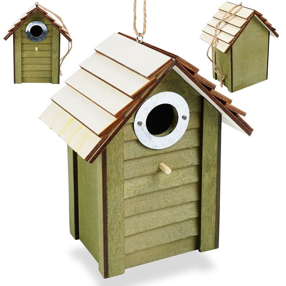 Green Wooden Birdhouse with Metal Reinforced Entrance